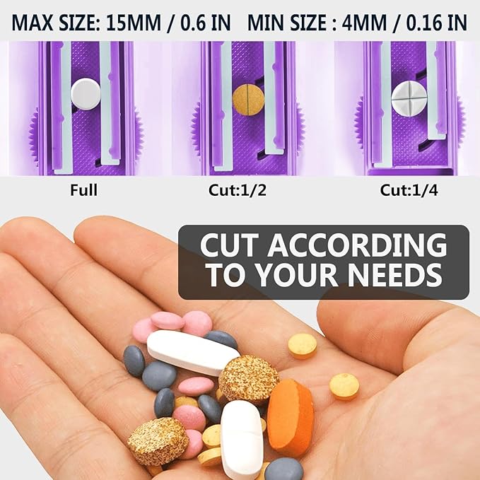 JohnBee Pill Cutter Splitter for Small and Tiny Pills. Adjustable Pill Splitter Accurately Cuts Multiple Pills at Once. Sharp Blade with Safety Guard. Non-Slip Silicone Edge (Dark Purple)