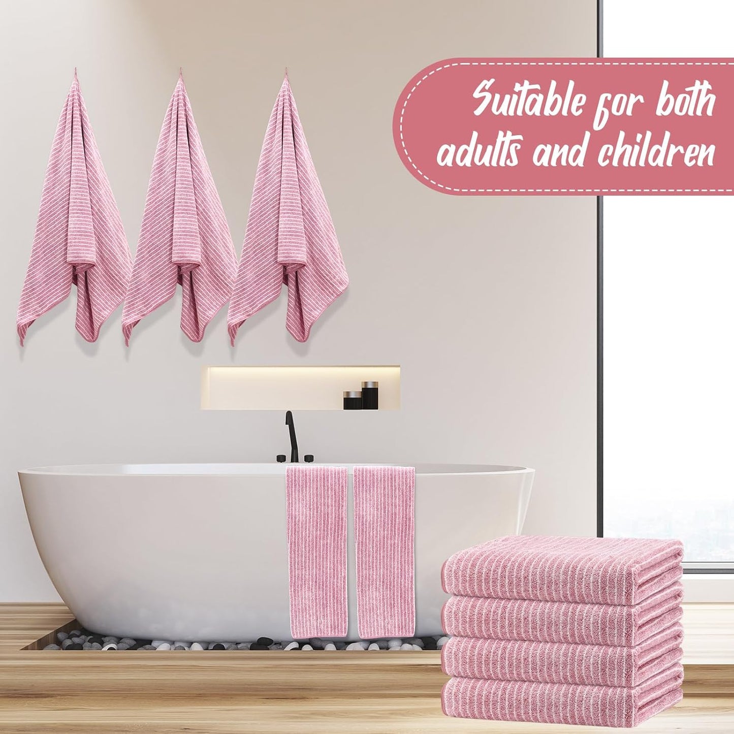 16 Pack Microfiber Bath Towels Bulk 27'' x 60'' Oversized Size Bath Towel Highly Absorbent Extra Large Soft Drying for Shower Beach Salon Winter Sport Spa Gym (Pinstripe,Pink)