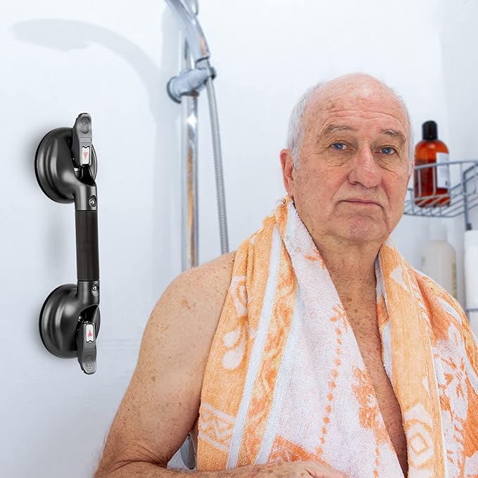 15-Inch Shower Handle - Upgraded Grab Bar with Strong Suction Cups for Bathtub & Shower Safety, Ideal for Seniors, Elderly, Disabled - Black