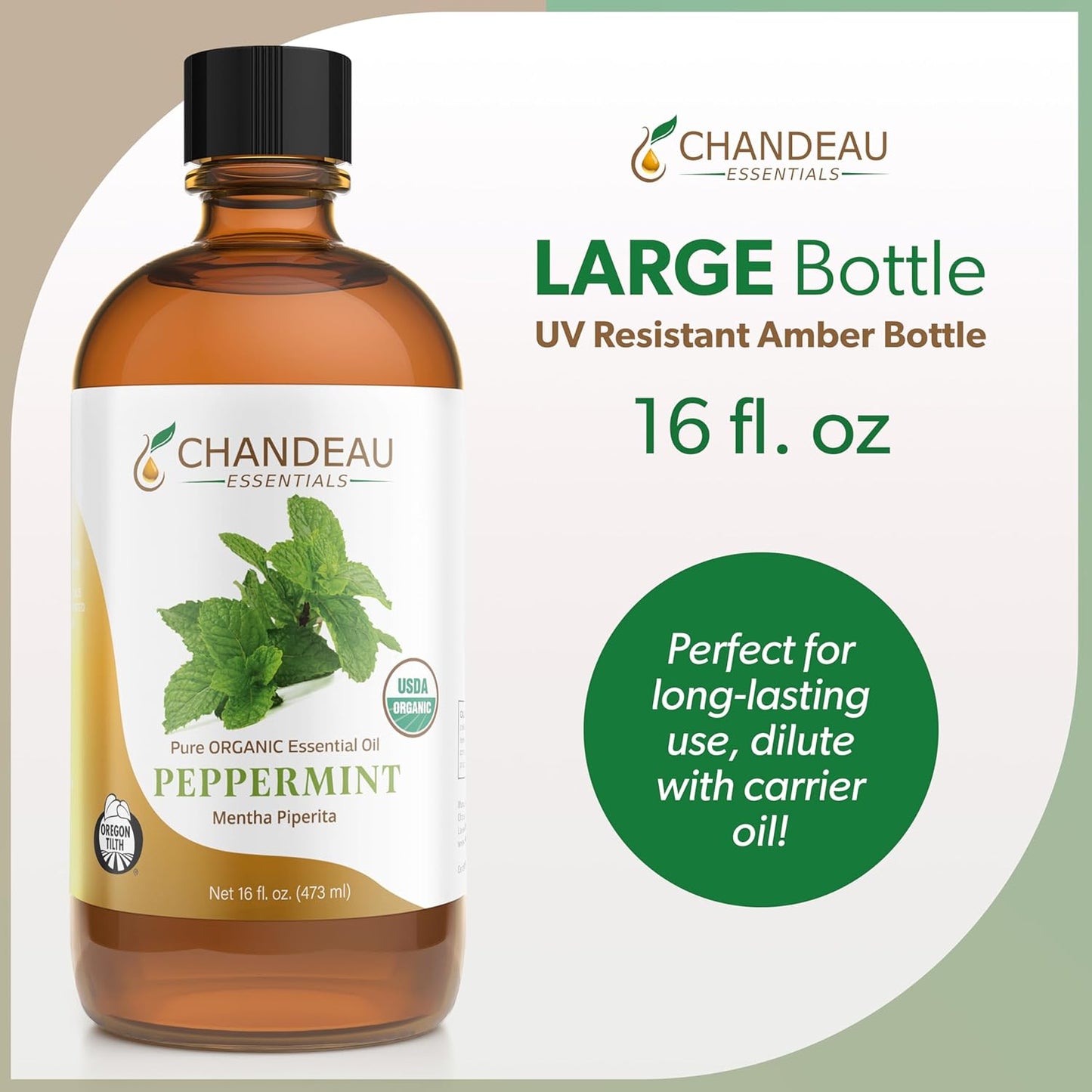 100% Pure Organic Essential Oil, Pure Peppermint Essential Oil for Aromatherapy, Soap Making, Candles, Laundry, Perfume, Cleaners or Diffusers - Large Amber Glass Bottle, 16 oz.