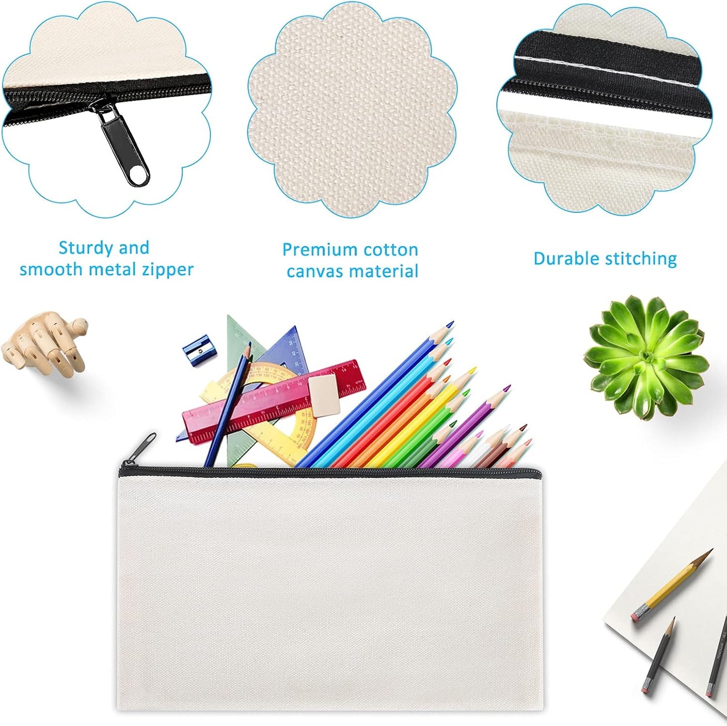 12 Pieces Black Cotton Canvas Makeup Bag, Multipurpose Cosmetic Bag with Zipper Travel Toiletry Pouch, Blank DIY Craft Bag (Black, M)