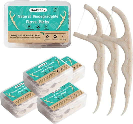 Wheat Straw Biodegradable Dental Floss Picks,200 Counts Natural Handle Tooth Flossers Sticks Oral Care,Keep Clean with 4 Travel Handy Cases