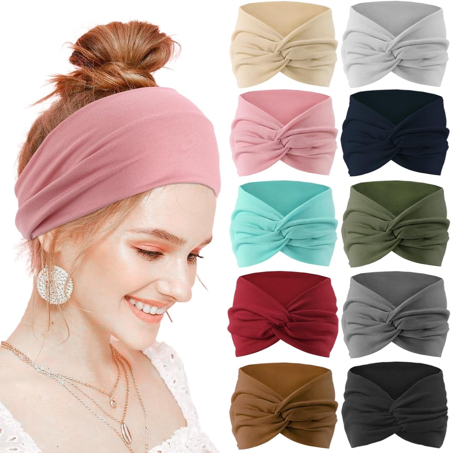 12-Pack Wide Stretch Headbands for Women - Non-Slip Extra Wide Turban Hair Bands for Workout, African Style, Sports & Daily Use (Breathable, All-Day Comfort) Color1 (Color2)