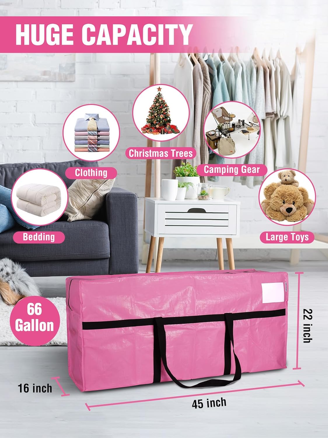 WORKPRO 2-Pack 66 Gallon Extra Large Moving Bags with Zippers, Carry Handles, Heavy-Duty, Water-Resistant Storage Totes for Moving & Space-Saving Organization, Pink