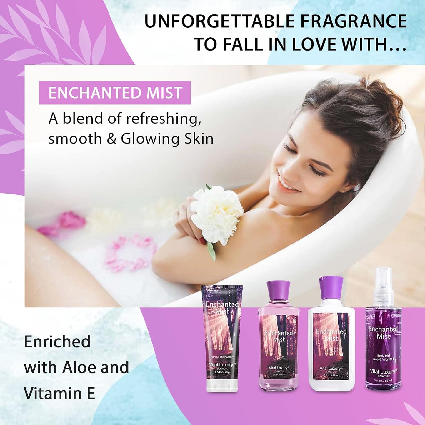 Bath & Body Kit, 3 Fl Oz, Ideal Skincare Gift Home Spa Set, Includes Body Lotion, Shower Gel, Body Cream, and Fragrance Mist,Birthday Mother's Valentine's Day Gifts(Enchanted Mist)