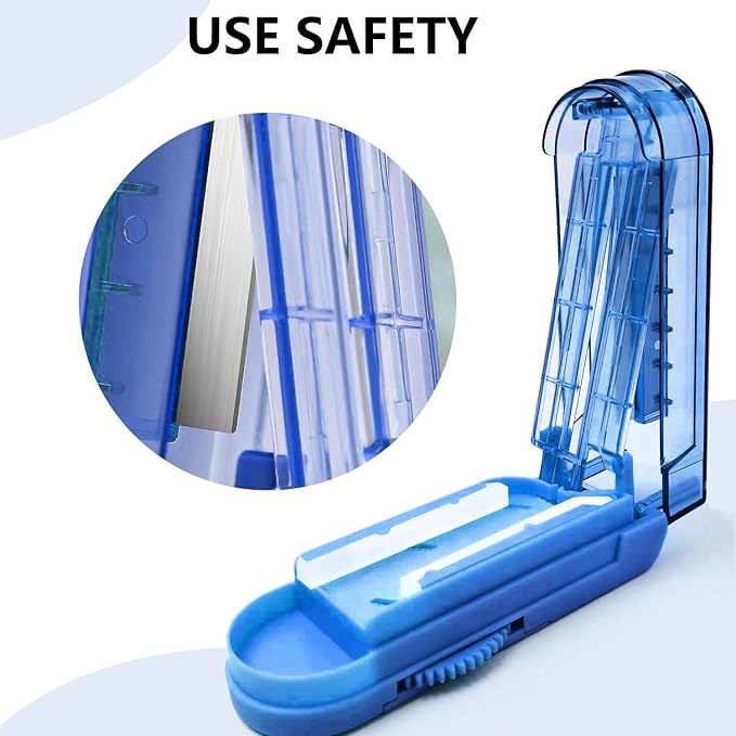 JohnBee Pill Cutter Splitter for Small and Tiny Pills. Adjustable Pill Splitter Accurately Cuts Multiple Pills at Once. Sharp Blade with Safety Guard. Non-Slip Silicone Edge (Dark Blue)