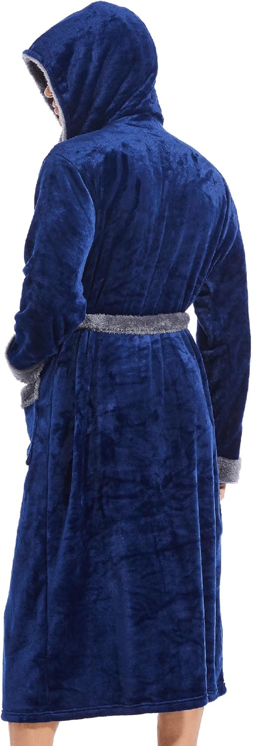 Inner Wish Mens Hooded Robe, Plush Long Bath robes Cozy Warm Bathrobe Fuzzy male Spa Robe With Pockets