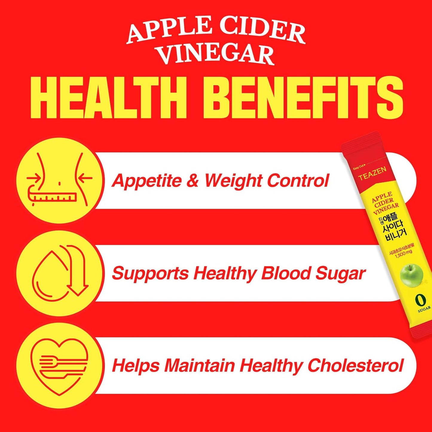 TEAZEN Apple Cider Vinegar Drink Powder Stick – On-the-Go Wellness with 1500mg ACV, Sugar-Free, Postbiotics, 10 Sticks | Supports Digestion & Metabolism