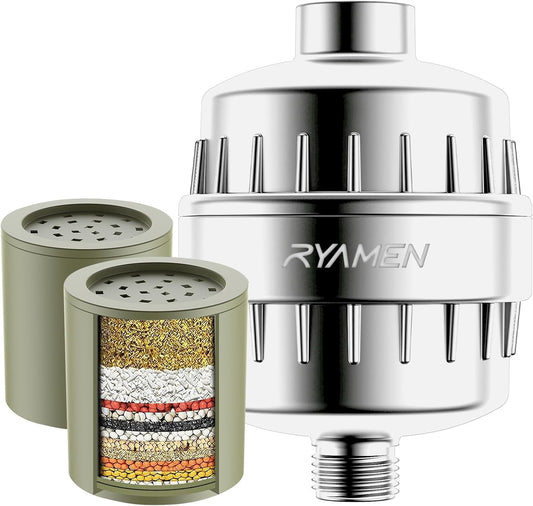 Ryamen Heavy Duty Shower Filter, Shower Water Filter, 99% REMOVAL Shower Head Filter for Hard Water, Heavy Metals, Chlorine, Enhanced Water Filtration for Healthier Skin and Hair (Silver)