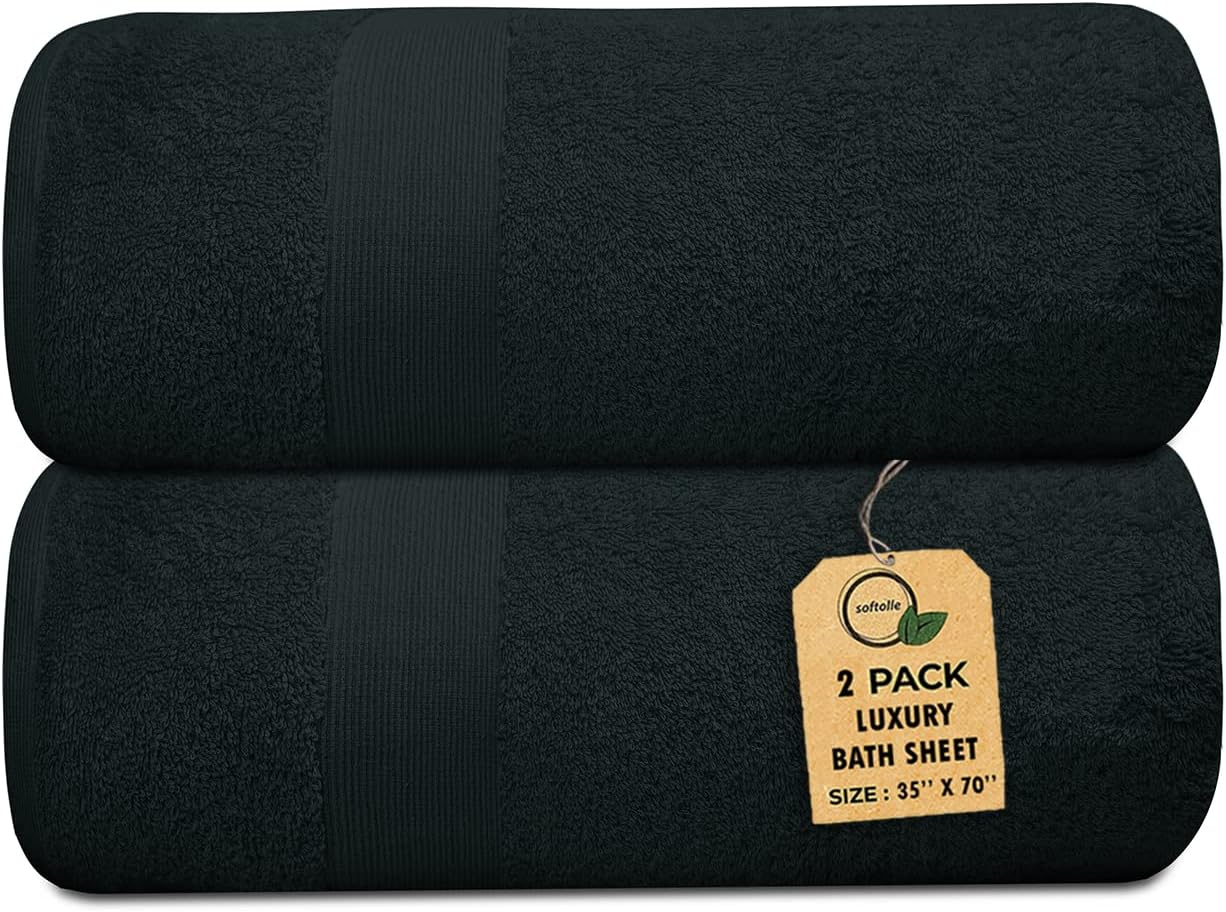 100% Cotton Luxury Bath Sheets - Pack of 2 (35" x 70") | Super Soft, Quick-Dry & Highly Absorbent Towels for Bathroom, Home, Spa & Gym (Black)
