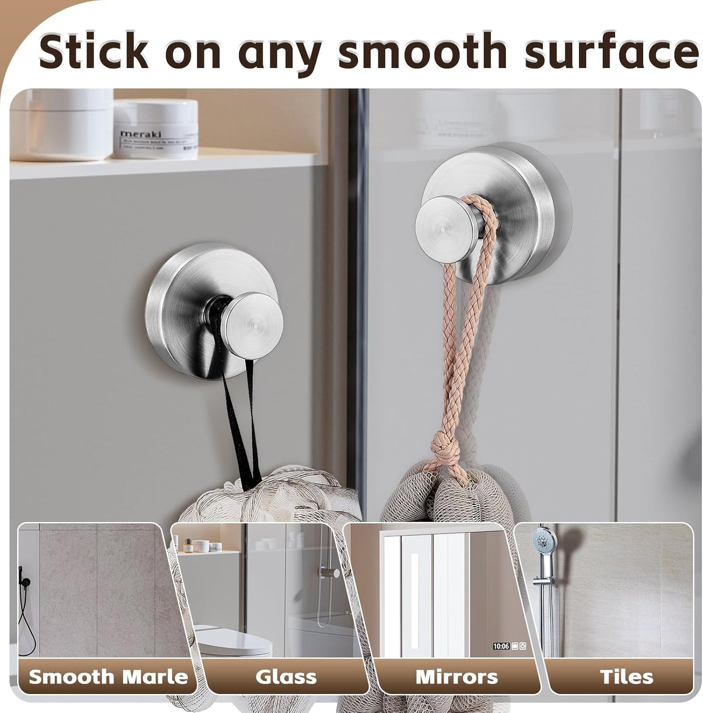 Reusable Heavy Duty Suction Cup Hooks for Kitchen/Bathroom/Shower - Wet-Proof Hooks for Towels, Robes, Loofah&Wreaths/No Drill Mounting on Glass, Tile, Metal (4, Brushed Nickel)