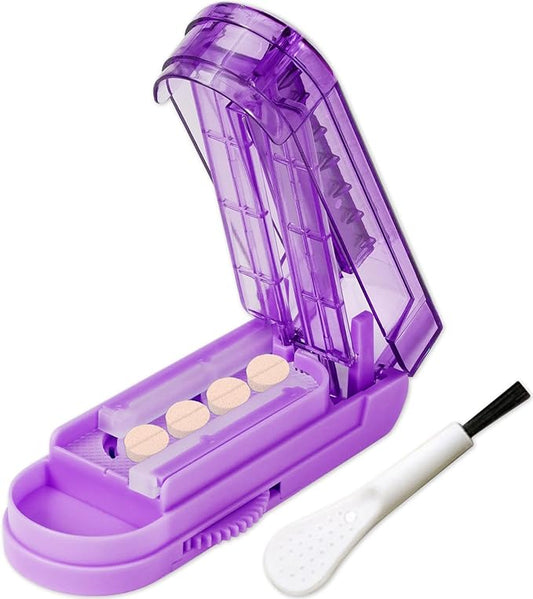 JohnBee Pill Cutter Splitter for Small and Tiny Pills. Adjustable Pill Splitter Accurately Cuts Multiple Pills at Once. Sharp Blade with Safety Guard. Non-Slip Silicone Edge (Dark Purple)