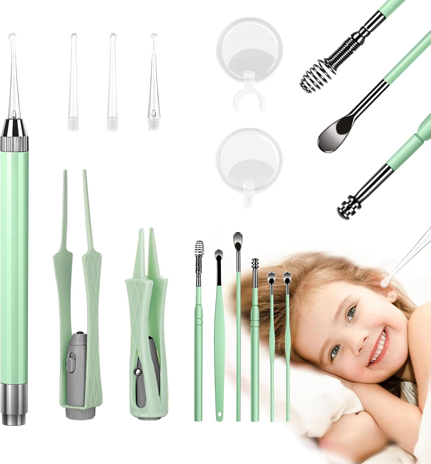 15 Pack Ear Wax Removal Tool Kit with Light - LED Ear Cleaning Kit, Ear Wax Removal for Kids and Adults, Ear Cleaning Tool, Ear Picker Spoon & Ear Tweezers & Spiral Spring Ear Spoon Green