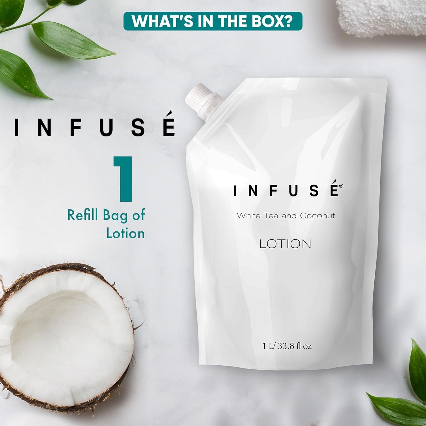 1 Liter Lotion Refill Bag For Soap Dispensers | Bulk Toiletries for Vacation Rentals, and Home Bathroom Showers | White Tea and Coconut | Single