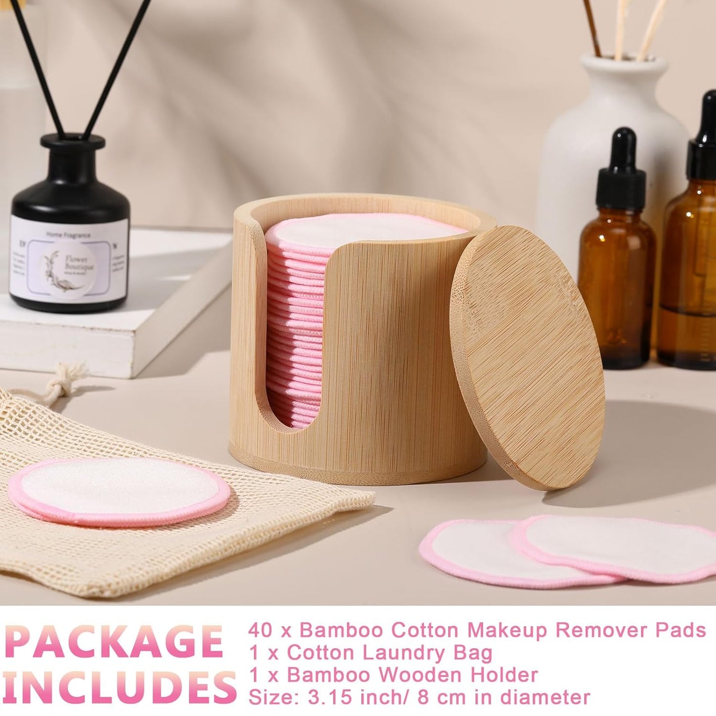 Foaincore 40 Pcs Reusable Makeup Remover Pads with Mesh Laundry Bag Washable Bamboo Cotton Rounds Soft Reusable Face Pad for Toner Skin Types with Bamboo Holder(White Pink)
