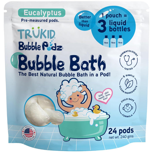 TruKid Bubble Podz Bubble Bath for Kids, Toddlers, & Babies, Tear Free Gentle & Refreshing Bath Bomb for Sensitive Skin with Natural Moisturizers, Non-Toxic, pH Balanced, Eucalyptus Scent (24 Podz)