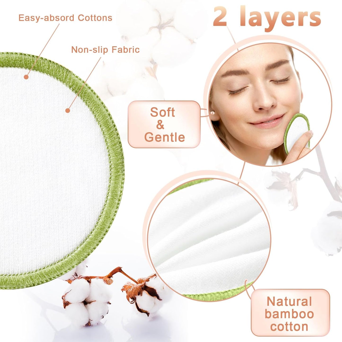 Foaincore 40 Pcs Reusable Makeup Remover Pads with Mesh Laundry Bag Washable Bamboo Cotton Rounds Soft Reusable Face Pad for Toner Skin Types with Bamboo Holder(Integrated Color)