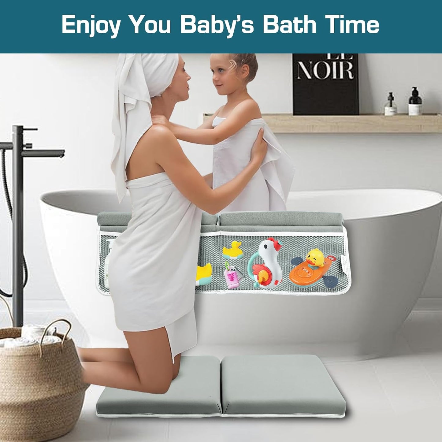 Bath Kneeler and Elbow Rest Pad, Thick Quick Dry Kneeling Pad, Elbow Support, Large Bathtub Kneeling Mat with Toy Organizer for Baby Bathing (Grey)