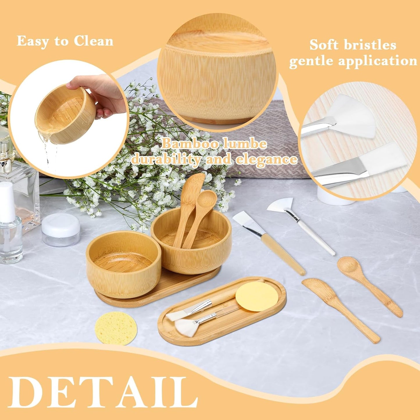 14 Pcs Bamboo Esthetician Supplies 2 Face Mask Mixing Bowls 2 Fan Brushes Esthetician 2 Flat Facial Brushes 2 Mask Spatulas 2 Facial Cream Spoons 2 Skincare Trays 2 Round Compressed Facial Sponges