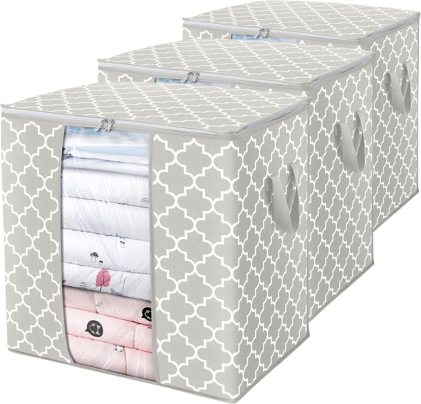 WISELIFE Storage Bags 3 Pack/100L Large Blanket Clothes Organization and Storage Containers for Comforters,Bedding, Foldable Organizer with Reinforced Handle, Clear Window, Sturdy Zippers,Lvory