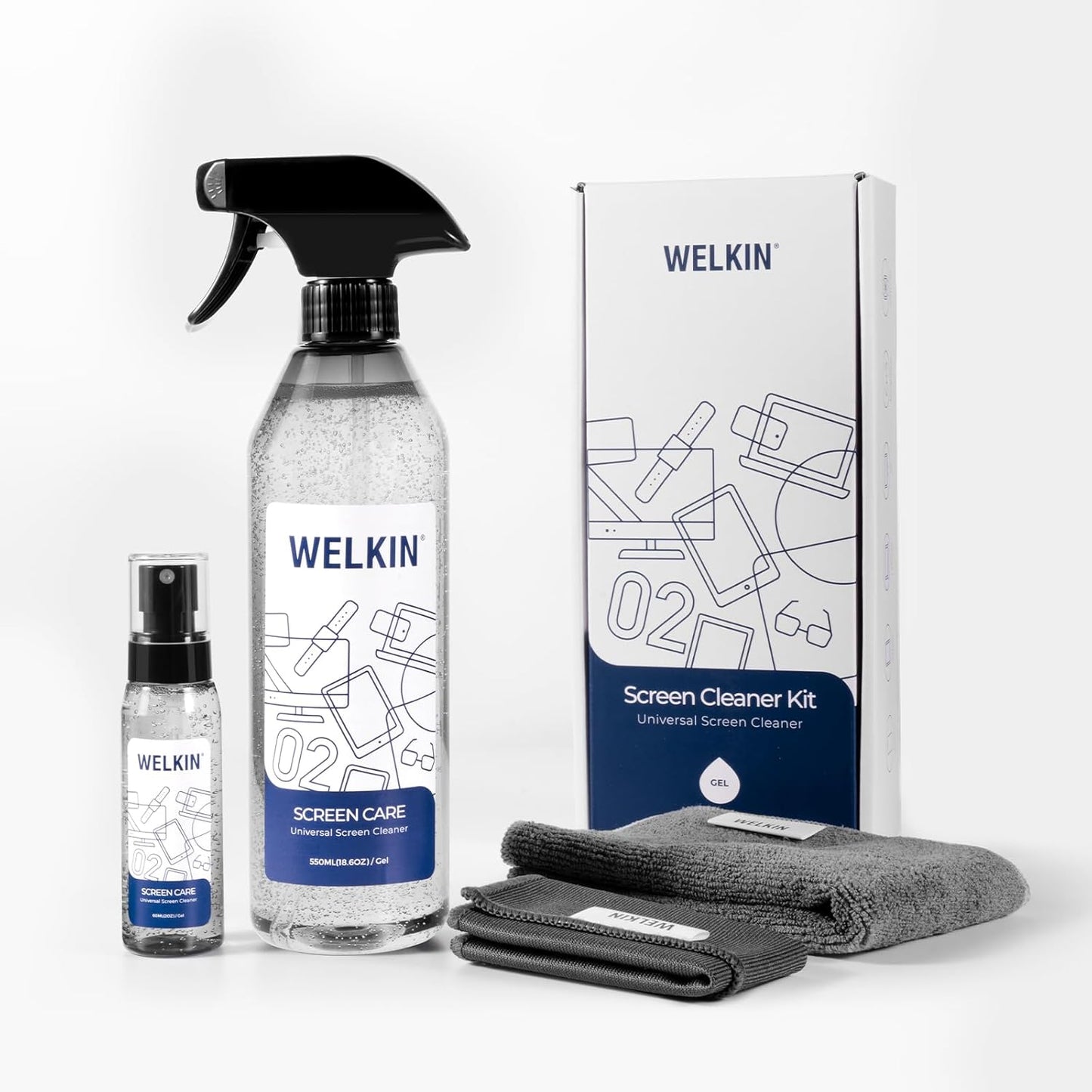 WELKIN Screen Cleaner Spray Kit (550ml + 60ml) - Cleaning Gel for TV, Laptop, Computer, Phone Touchscreen -2 Sprayers，1 Microfiber Cloth & 1 Glass Wipe