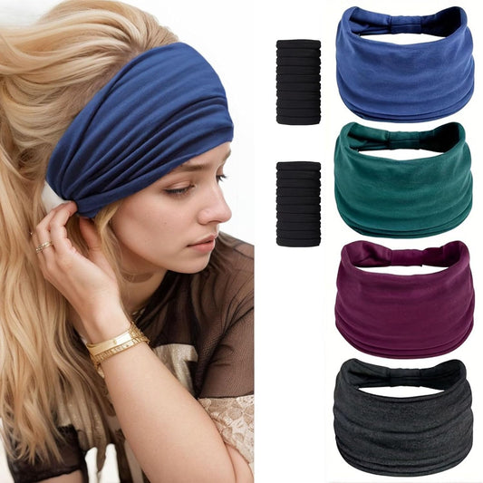 12-Pack Wide Stretch Headbands for Women - Non-Slip Extra Wide Turban Hair Bands for Workout, African Style, Sports & Daily Use (Breathable, All-Day Comfort) Color1 (Color2)