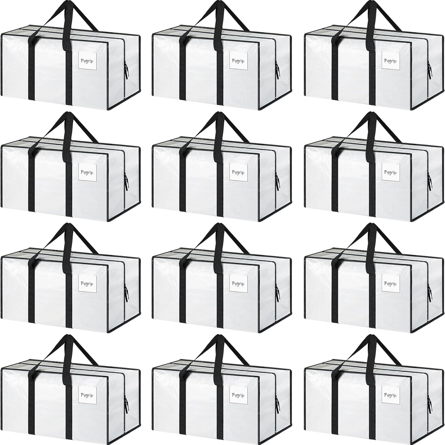 12 Pack Extra Heavy Duty Large Moving Bags with Strong Zipper & Comfortable Handles, Sturdy & Durable Clothes Storage Bags Totes Bins, Packing Moving Boxes for College Supplies, White