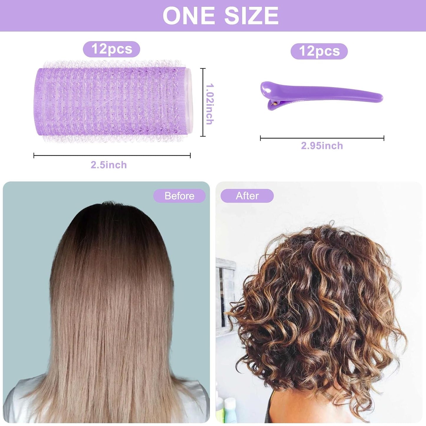 12 Piece Hair Roller Set with Clips, Self Grip Hair Rollers Hair Curler for Long Medium Short Hair, Random Color (2.5cm)