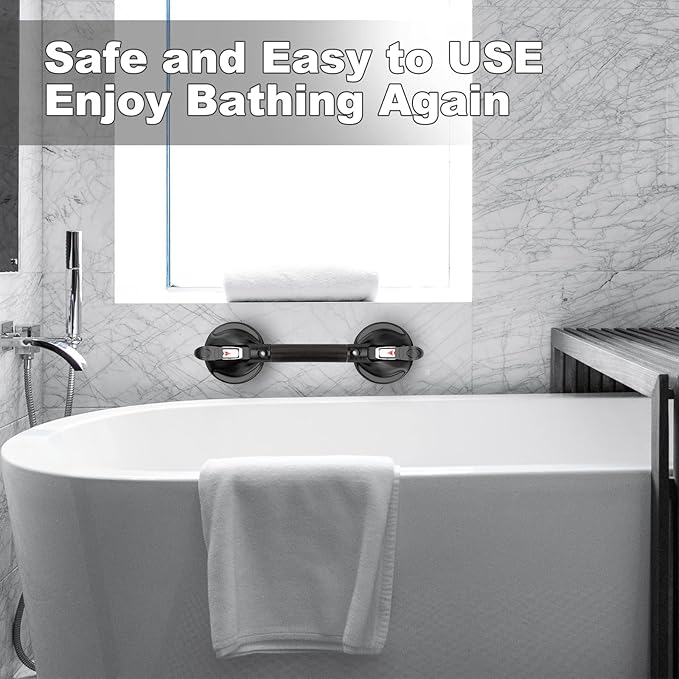 15-Inch Shower Handle - Upgraded Grab Bar with Strong Suction Cups for Bathtub & Shower Safety, Ideal for Seniors, Elderly, Disabled - Black