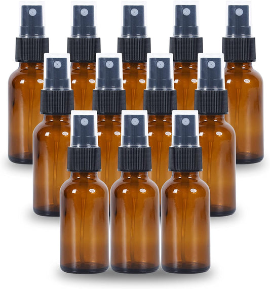 2oz Glass Spray Bottle, Fine Mist Boston Glass Bottles with Black Fine Mist Sprayer Small Clear Bottles for Essential Oils, Bath, Beauty, Hair & Cleaning, Amber, Pack of 12