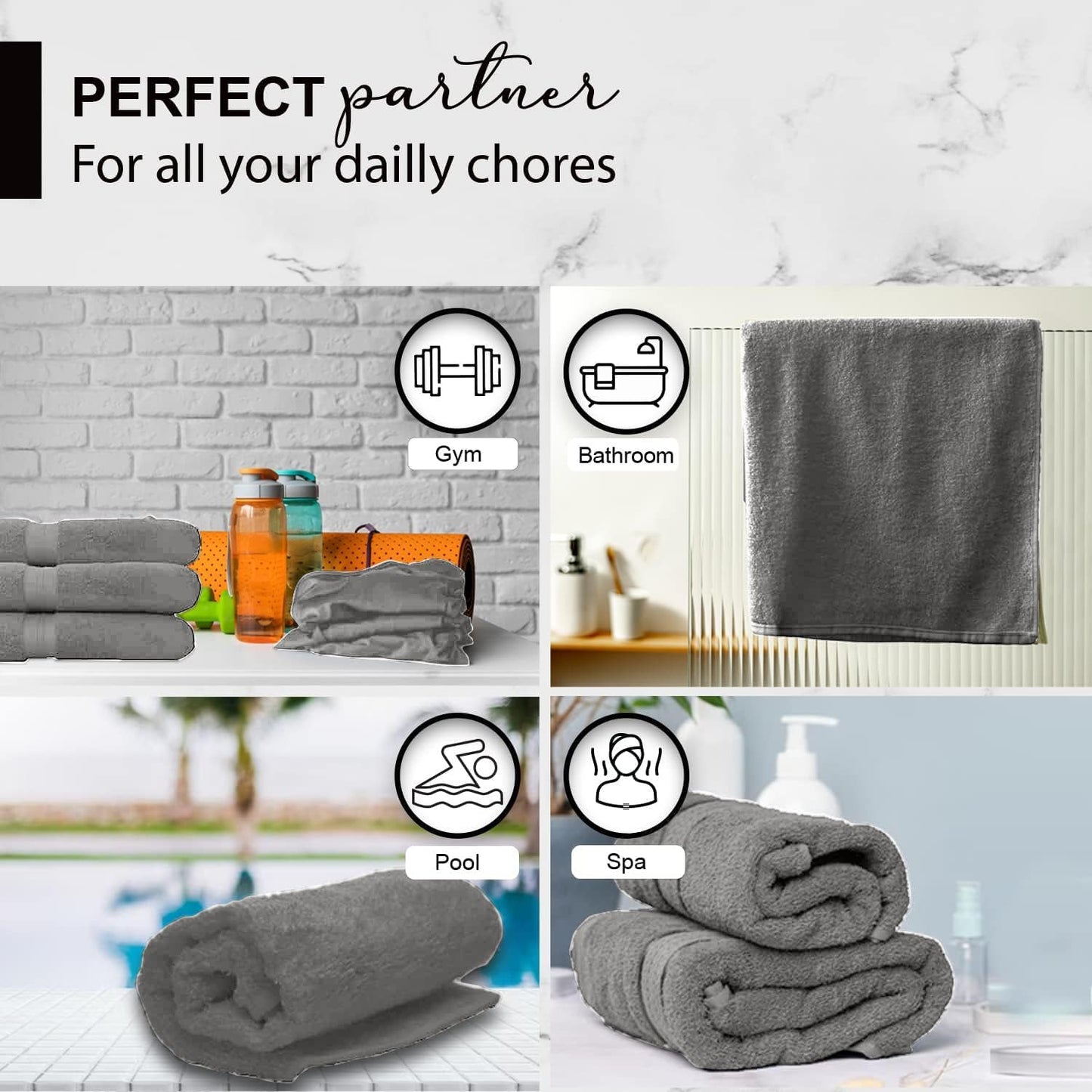 100% Cotton Bath Towels, 24x48 Pack of 6 Towels, Quick Dry, Highly Absorbent, Soft Feel Towel, Gym, Spa, Bathroom, Shower, Pool, Luxury Soft Towels (Light Grey, 24x48-6 Pack)