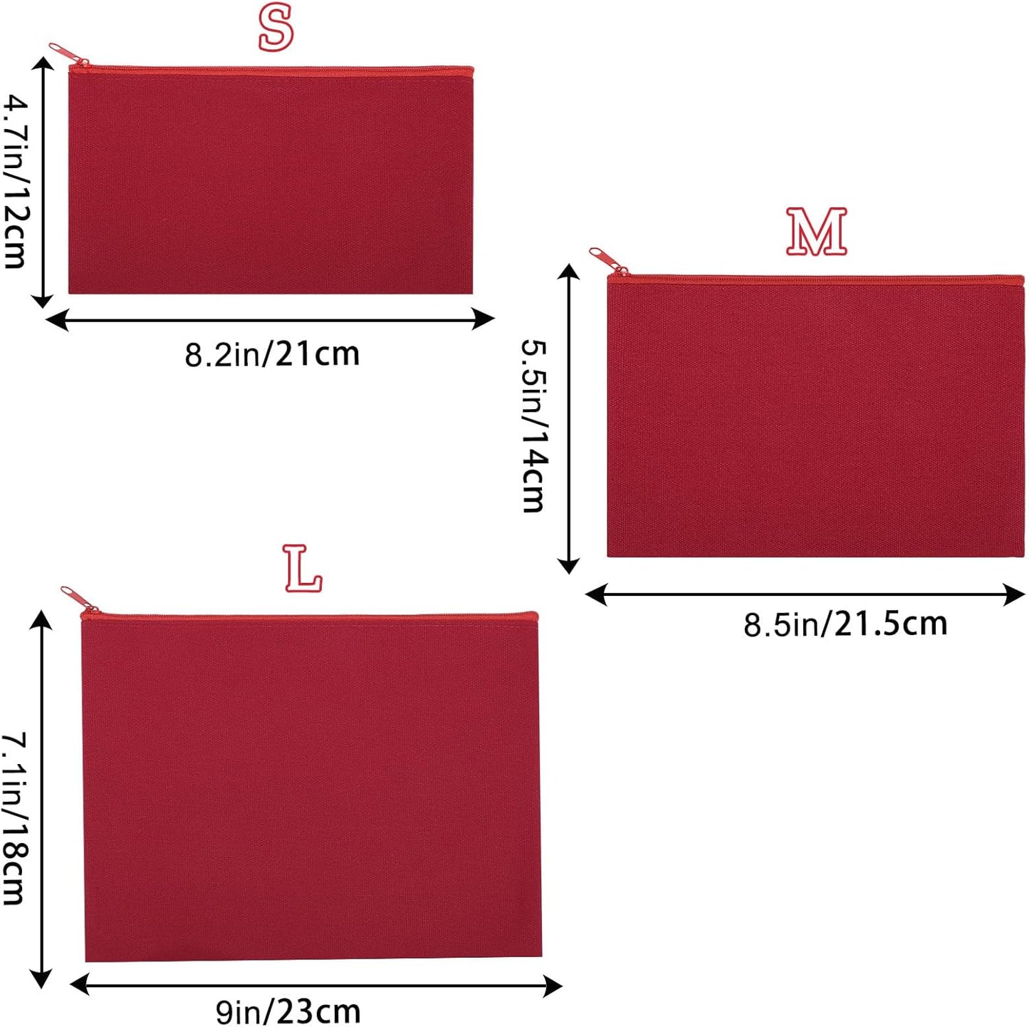 12 Pieces Cotton Canvas Makeup Bag, Multipurpose Cosmetic Bag with Zipper Travel Toiletry Pouch, Blank DIY Craft Bag (Red, L)