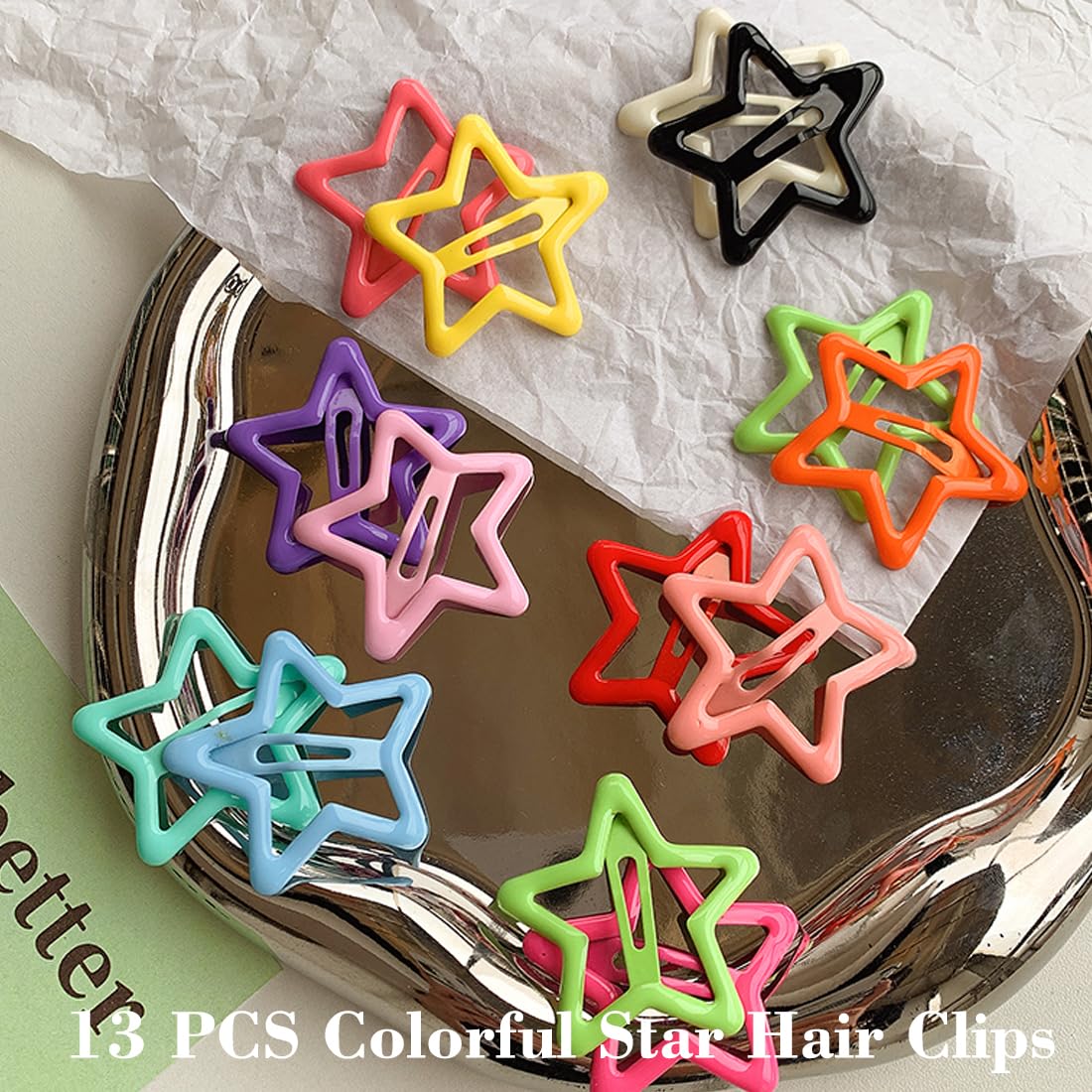 13 PCS 1.65" Metal Hair Accessories - Snap Barrettes with Non-Slip Star Clips for Girls in Multiple Colors