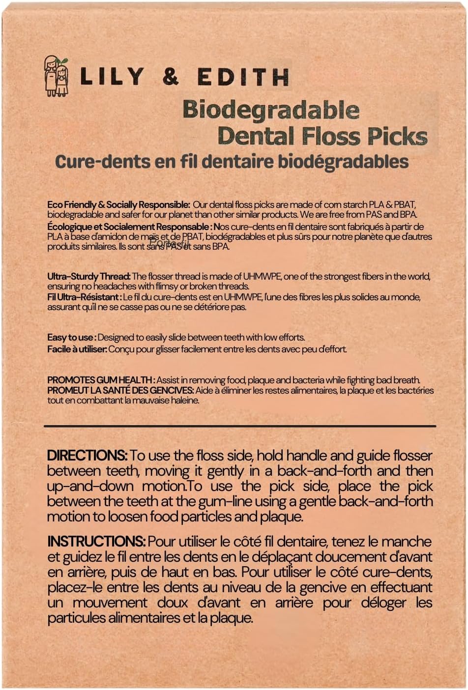 LILY & EDITH Biodegradable Dental Floss Picks Adults and Kids 300 Counts, Fluoride-Free, Plant Based Straw Wheat Material, Zero Waste Package, Shred Resistant (Mint)