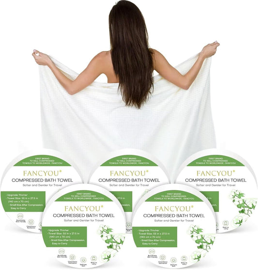 Compressed Bath Towel 5 Pcs 55" x 27.5" Travel Size Mini Disposable Coin Towel Washable & Reuseable Camping Wipe & Cleansing (Green)