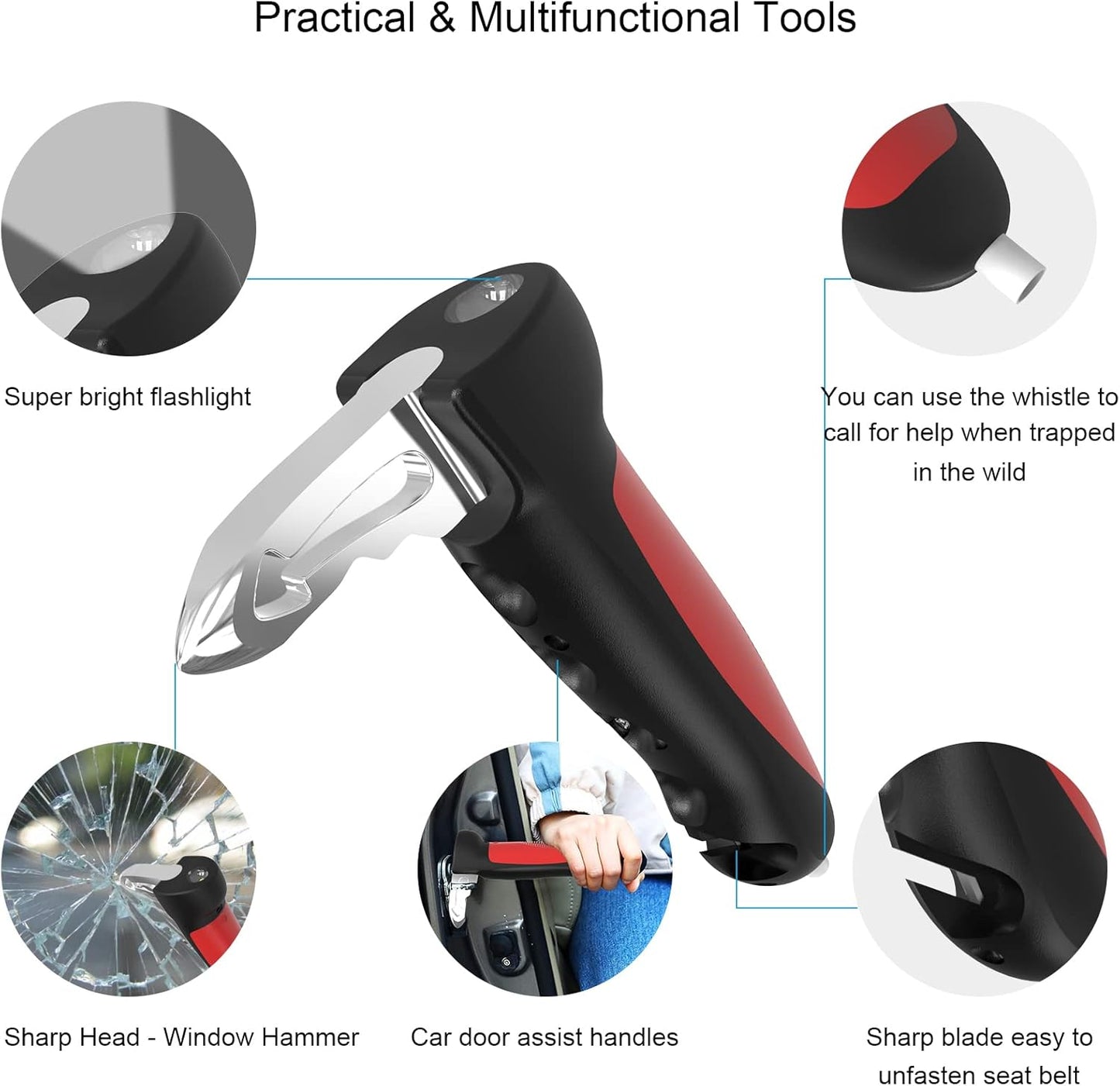 5 in 1 Vehicle Support Handles Elderly Portable Automotive Door Assist Handles Multifunction Car Handle for Elderly and Handicapped (Red-with Nylon Handle)