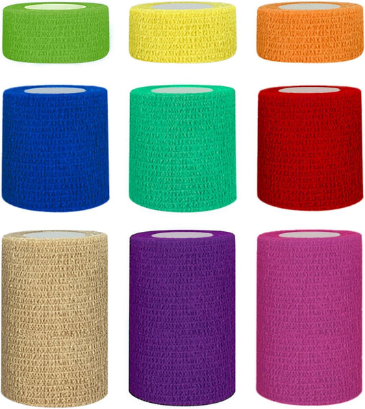 1"/2"/3" Self Adhesive Bandage Wraps, 9 Pack Colorful Self Adherent Cohesive Bandages Wrap for Wounds, Vet Wrap, Ankle Tape, Tattoo Tape Wrap, Medical Tape, Color Athletic Tape