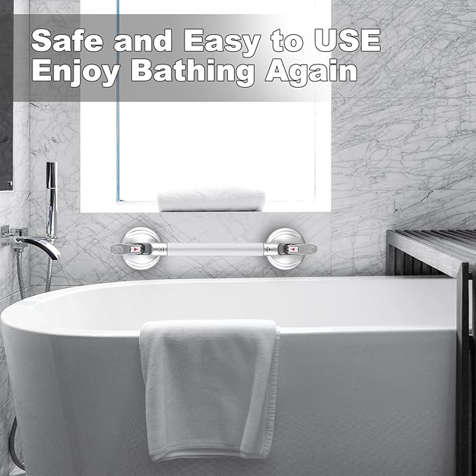15-Inch Shower Handle - Upgraded Grab Bar with Strong Suction Cups for Bathtub & Shower Safety, Ideal for Seniors, Elderly, Disabled -Silver
