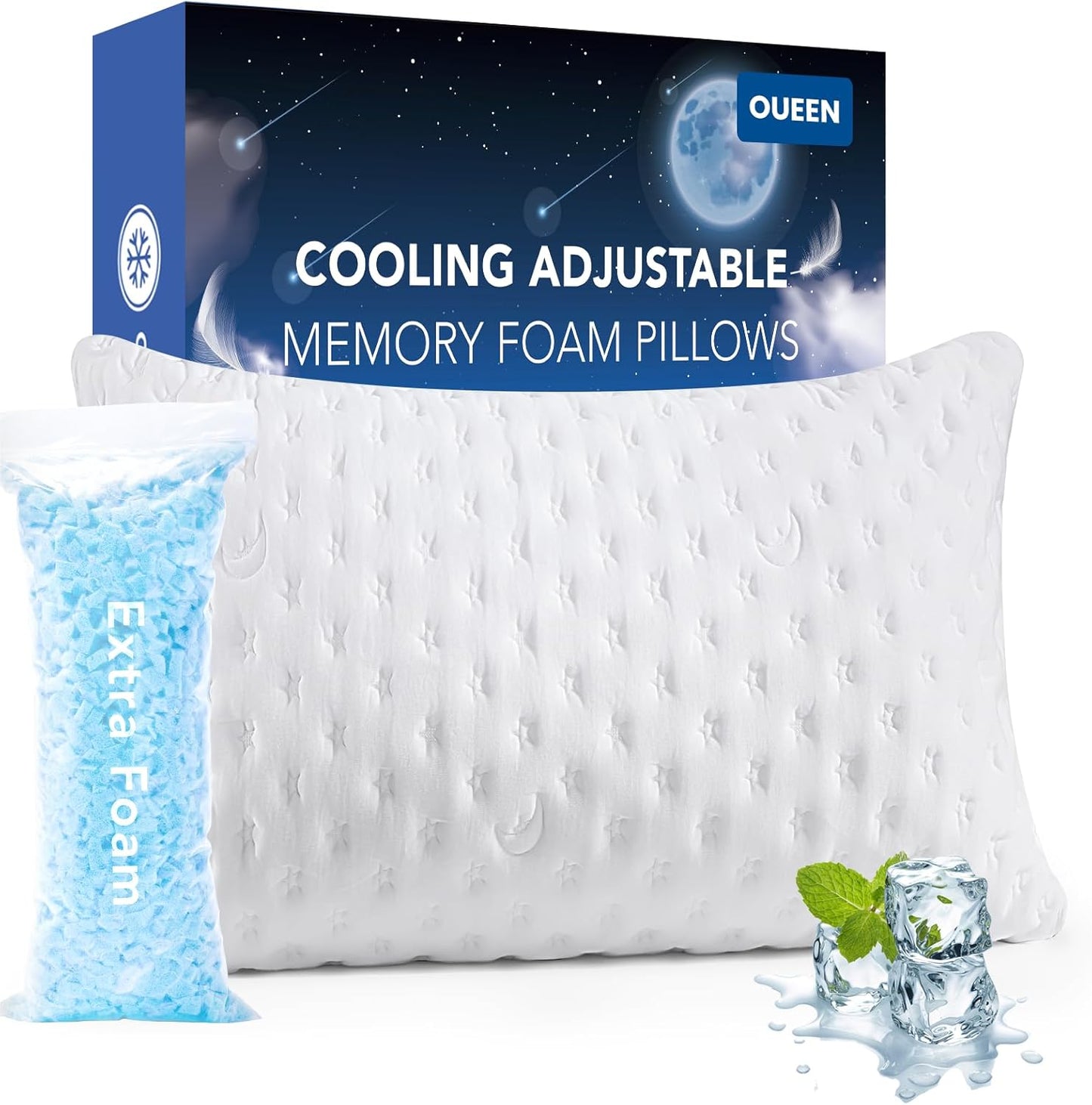 Cooling Side Sleeper Pillow for Neck and Shoulder Pain, Luxury Shredded Memory Foam Curved Bed Pillows for Sleeping Set of 1- Adjustable Queen Size- Washable Cover Original White