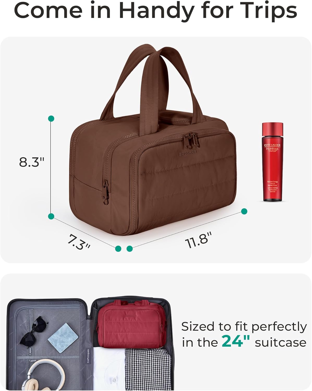 BAGSMART Travel Toiletry Bag, Puffy Toiletry Bag for Women, Wide-open toiletry bags for traveling, Large Travel Cosmetic Makeup Bag Organizer for Accessories,Toiletrie (Coffee Brown)