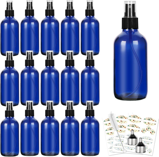 CycleMore 120ml 16 Pack 4oz Blue Glass Spray Bottles with Fine Mist Sprayers, Glass Travel Bottles for Cosmetic, Essential Oils, Cleaning Solutions, Perfumes & More Liquids Ideal for Friends