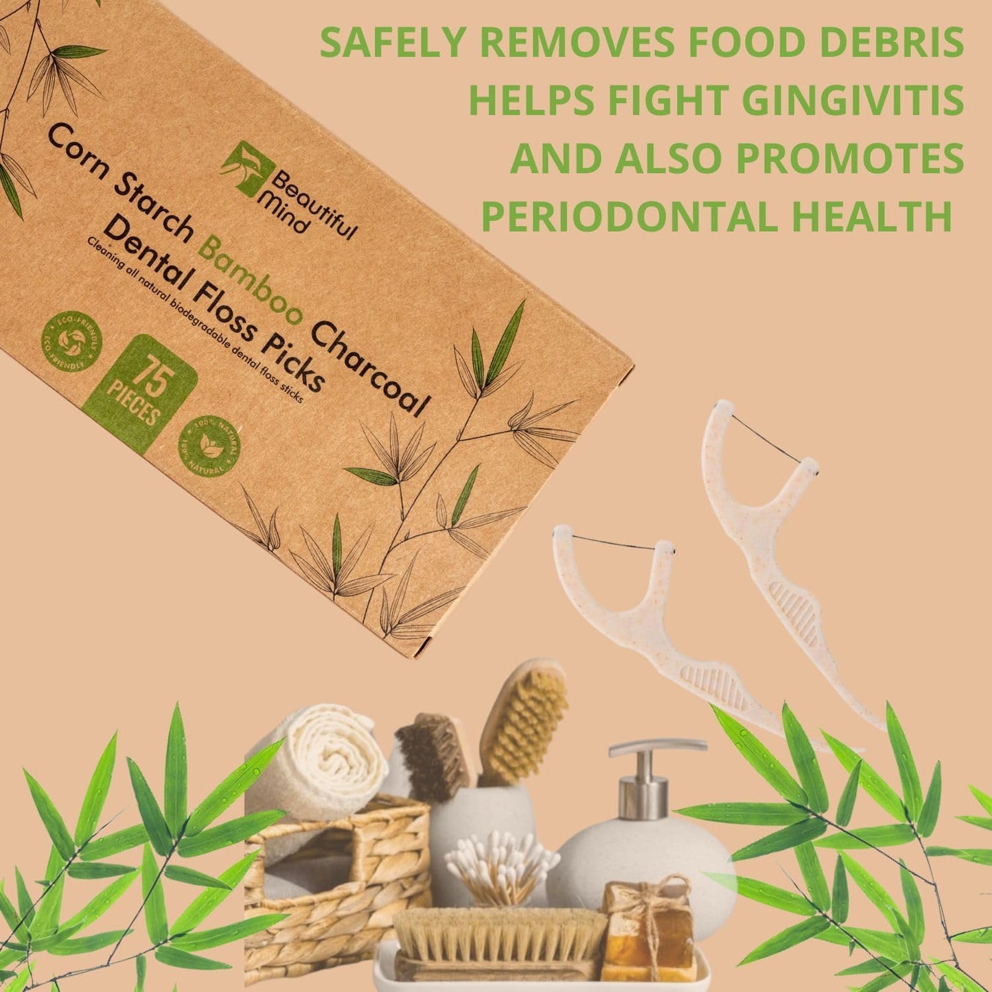 Natural Dental Floss Picks 75 Pack – Organic Biodegradable Floss Sticks with Strong Bamboo Charcoal Thread & Vegan Cornstarch Handle – No Plastics, No Artificial Flavours - Kraft Paper Box