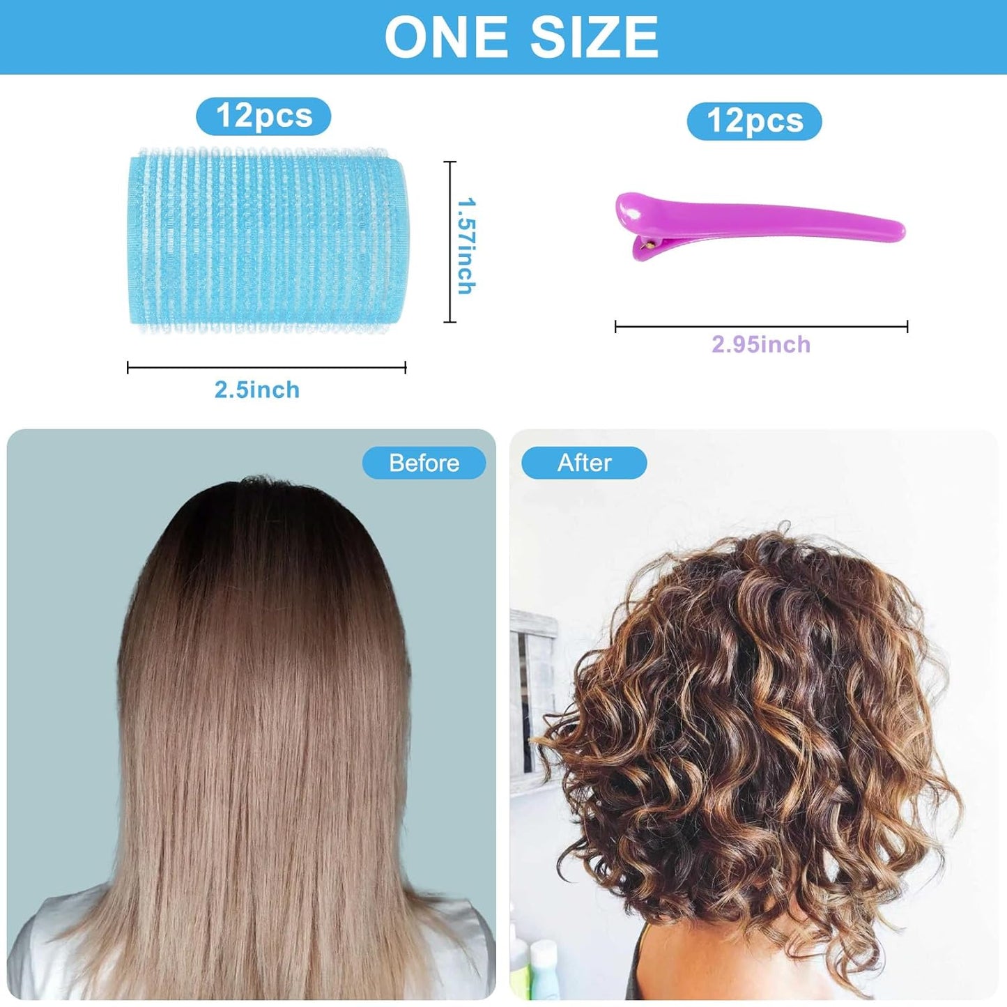 12 Piece Hair Roller Set with Clips, Self Grip Hair Rollers Hair Curler for Long Medium Short Hair, Random Color (4.4cm)