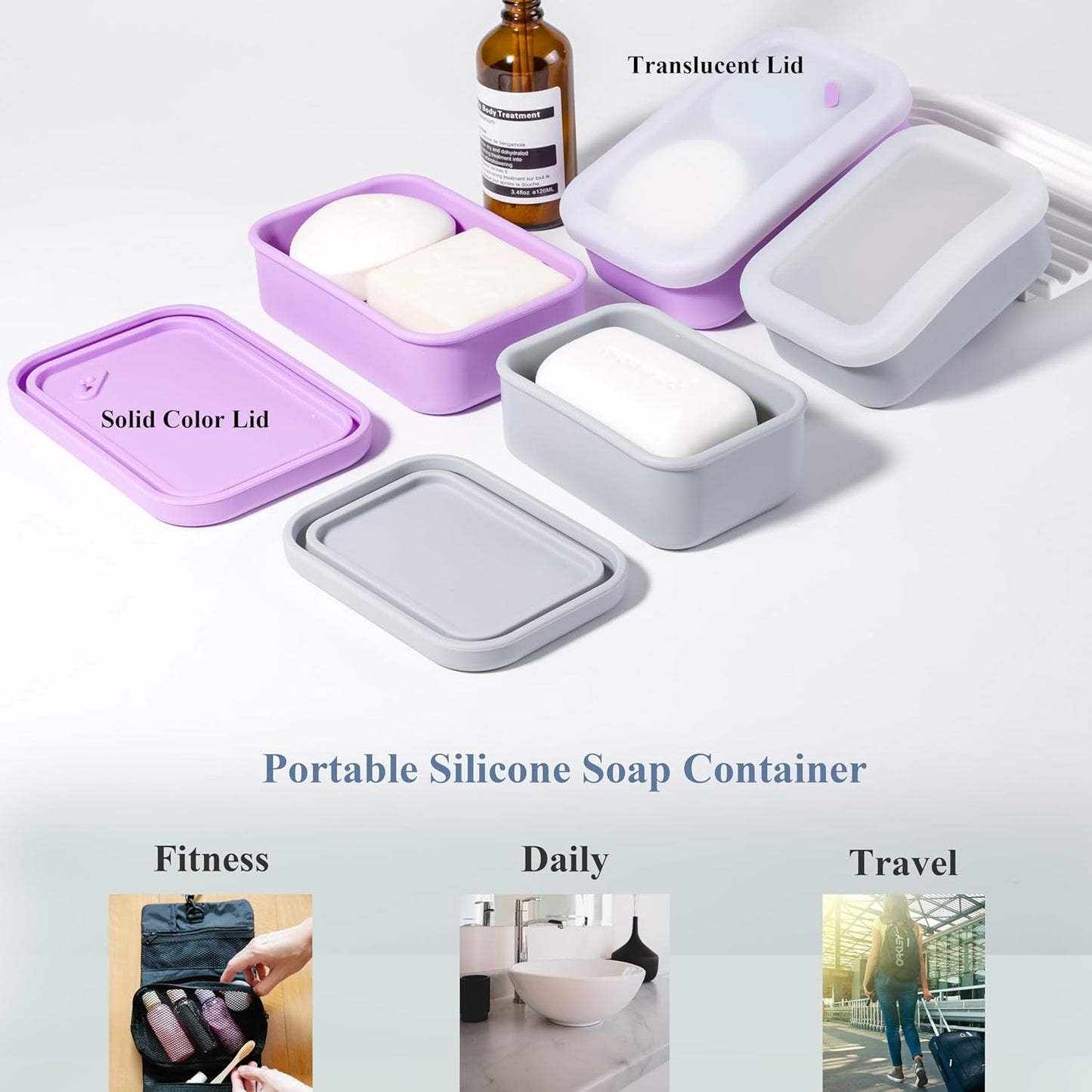 MtBoi 2PC Portable Leakproof Travel Soap Case, Silicone Soap Container, Compact Travel Holder with Drainage Layer, Camping, Gym, Outdoor Lavender&Gray