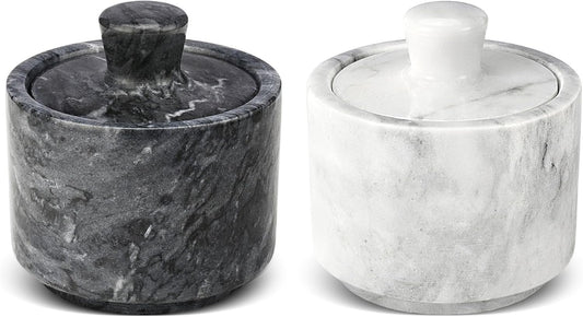 Flexzion Marble Salt Cellar with Lid - Salt and Pepper Bowls Dish Container for Kitchen - Marble Pepper Jar Storage Box Holder for Paprika, Herbs, Sugar, Jewelry & Watches (Set of 2, Black & White)