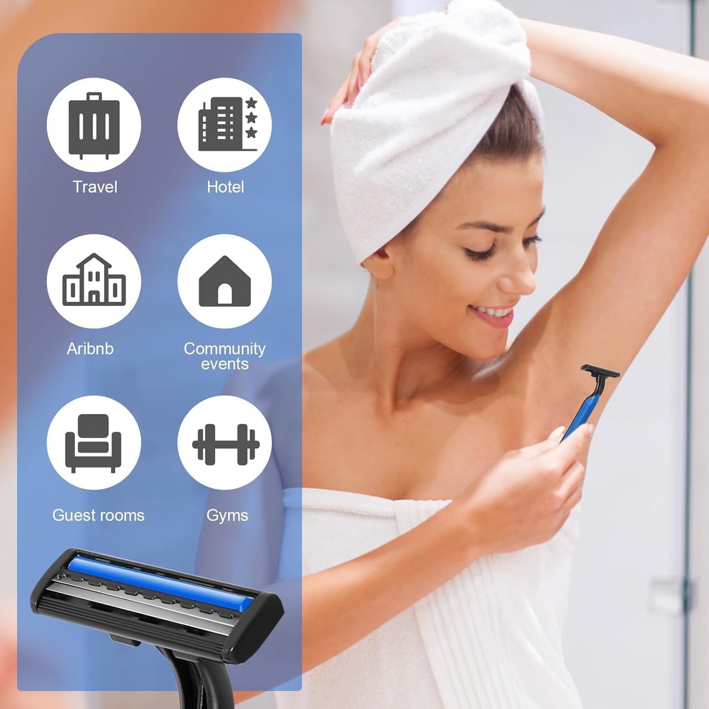 120 Pack Disposable Twin Blade Razors Individually Wrapped, Clear Safety Cap， Multipurpose Portable Shave Razor for Man Woman Bathing Hotel Travel (Blue)