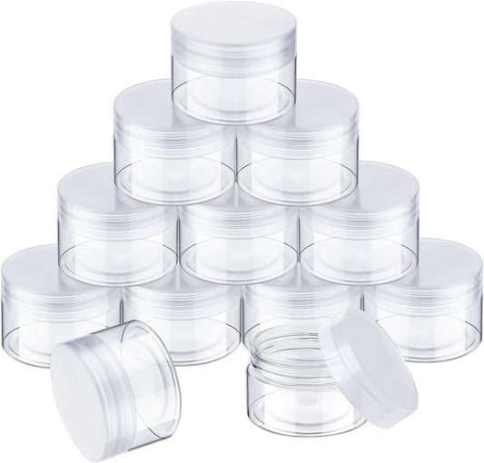 12 Pack 1 oz Plastic Container Jars with Lids Round Clear Travel Cosmetic Container Jars for Toiletries, Lotion, Cream, Ointments, Makeup, Rhinestone, Samples, Kitchen Storage (Clear)