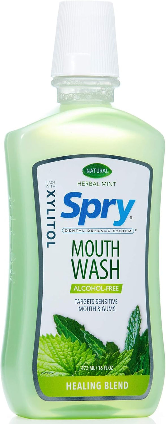 Spry Natural Xylitol Mouthwash Fluoride Free with Enamel Support, Alcohol-Free, Gentle, Non-GMO, Herbal Mint - 16 fl oz (Pack of 1)