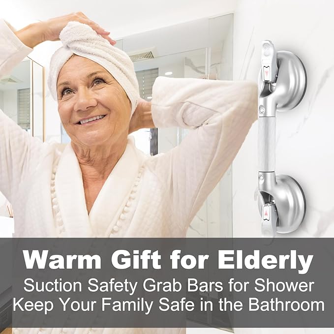15-Inch Shower Handle - Upgraded Grab Bar with Strong Suction Cups for Bathtub & Shower Safety, Ideal for Seniors, Elderly, Disabled -Silver