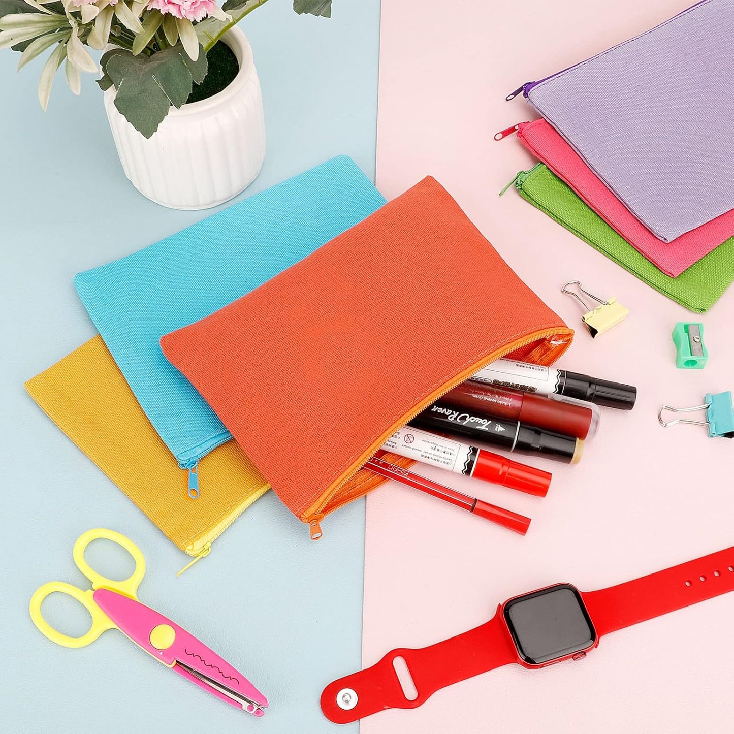 12 Pieces Cotton Canvas Makeup Bag, Multipurpose Cosmetic Bag with Zipper Travel Toiletry Pouch, Blank DIY Craft Bag (Multicolored B, L)